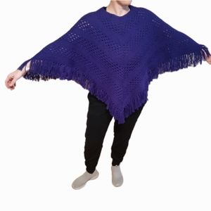Hand Made Crochet  One Size Poncho Cape sweater Purple Fringe Tassel